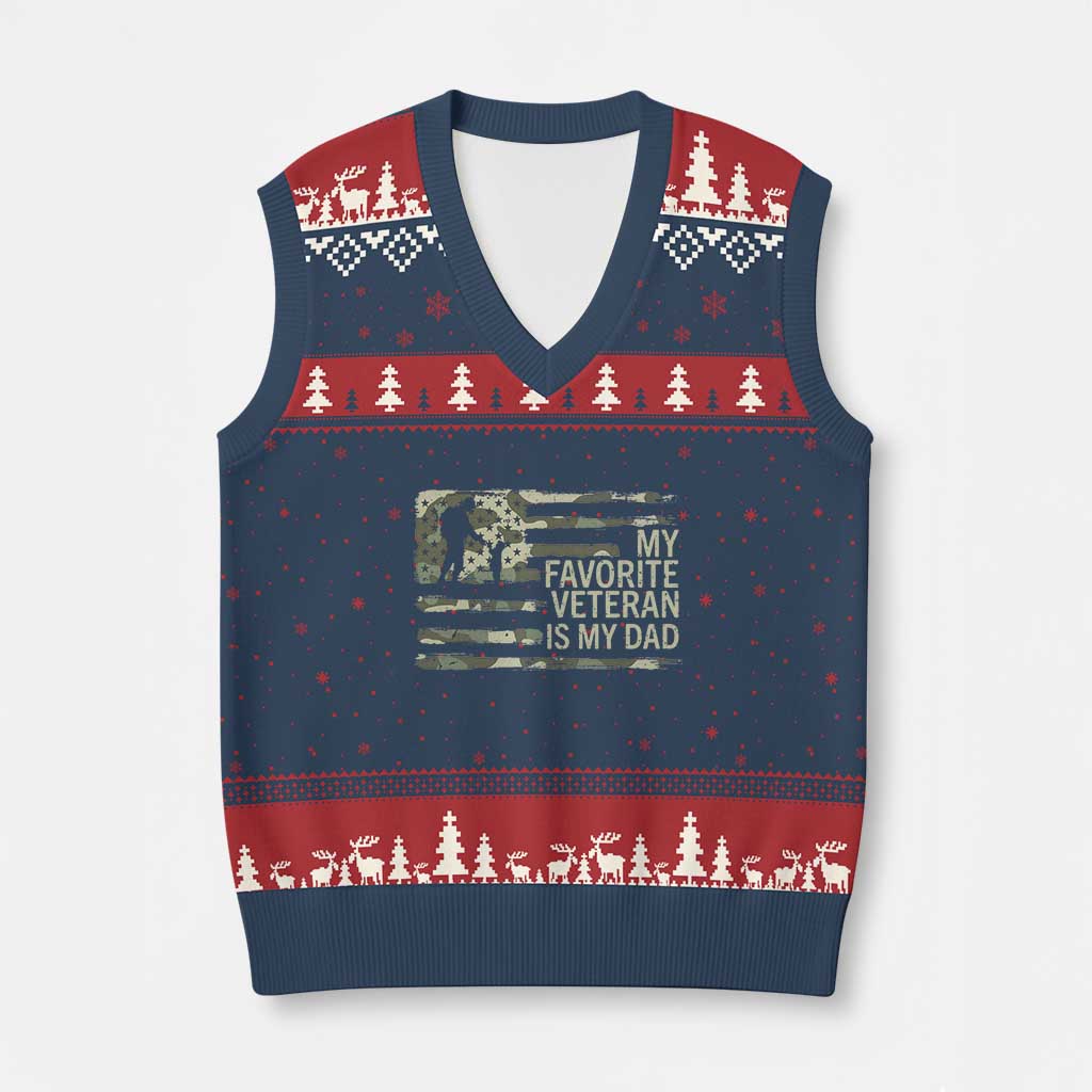 My Favorite Veteran is My Dad V-Neck Knit Sweater Vest Veteran Dad Camo American Flag TS14 Navy Red Print Your Wear