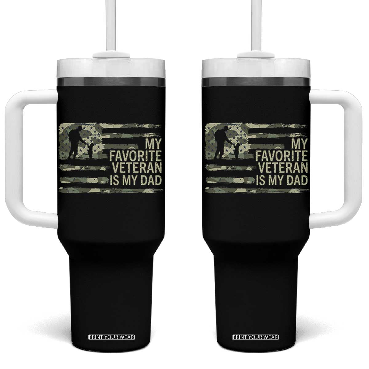 My Favorite Veteran is My Dad Tumbler With Handle Veteran Dad Camo American Flag TS14 One Size: 40 oz Black Print Your Wear