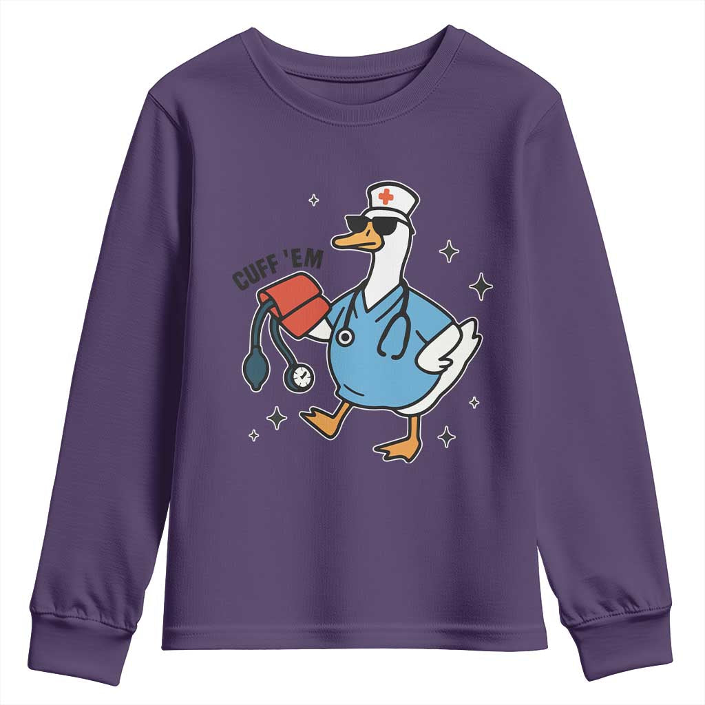 Funny Silly Goose ER Nurse Youth Sweatshirt Cuff 'Em TS14 Purple Print Your Wear