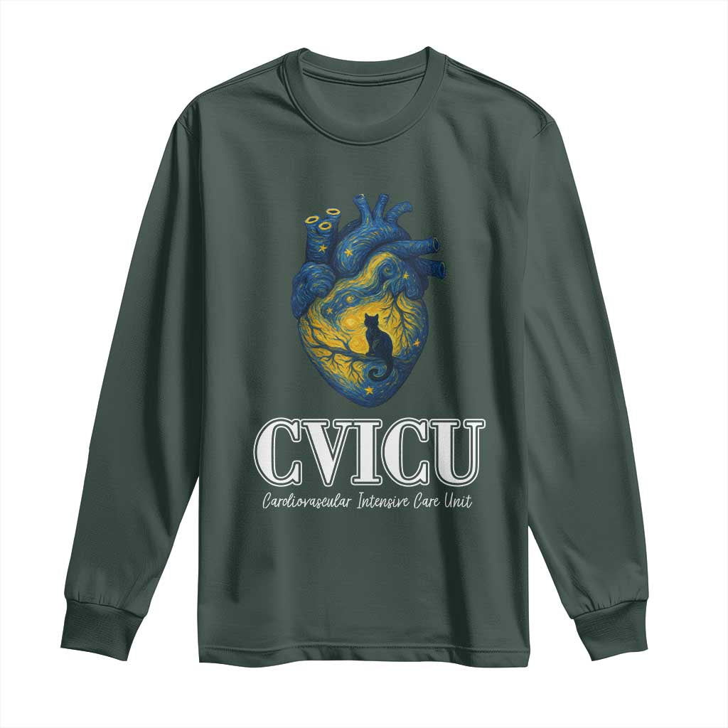 CVICU Nurse Cat Starry Night Long Sleeve Shirt Cardiovascular Intensive Care Unit TS14 Dark Forest Green Print Your Wear