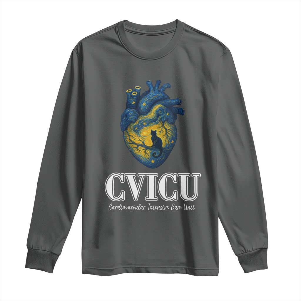 CVICU Nurse Cat Starry Night Long Sleeve Shirt Cardiovascular Intensive Care Unit TS14 Dark Heather Print Your Wear