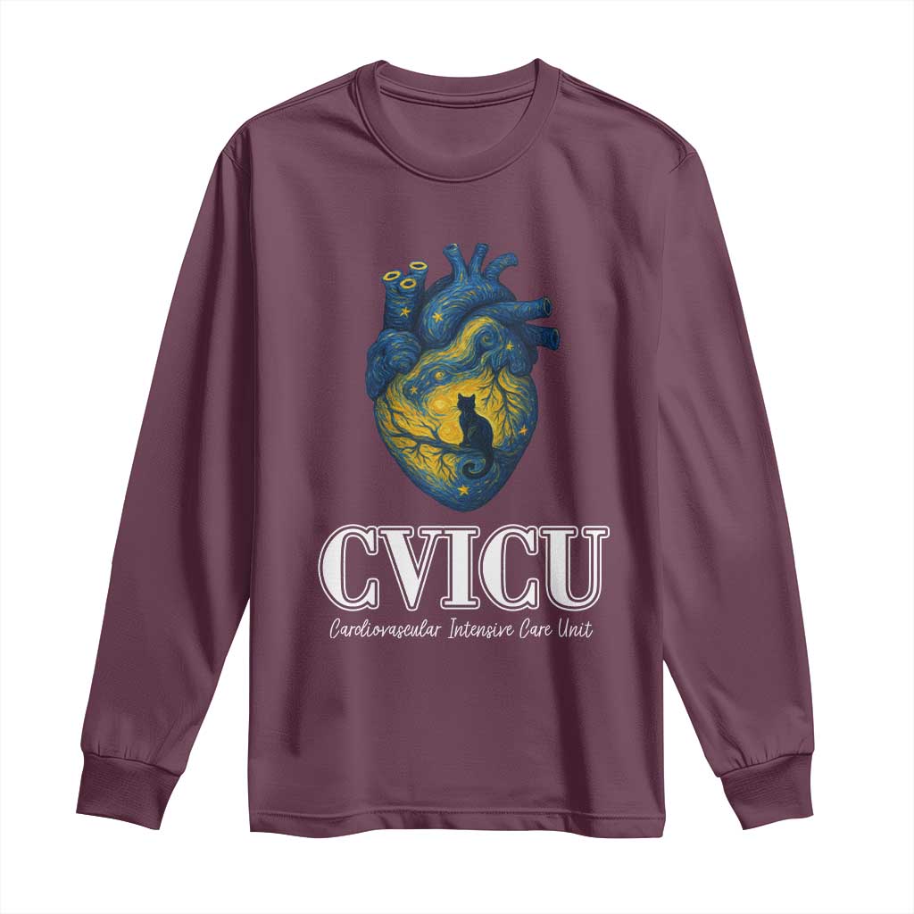 CVICU Nurse Cat Starry Night Long Sleeve Shirt Cardiovascular Intensive Care Unit TS14 Maroon Print Your Wear