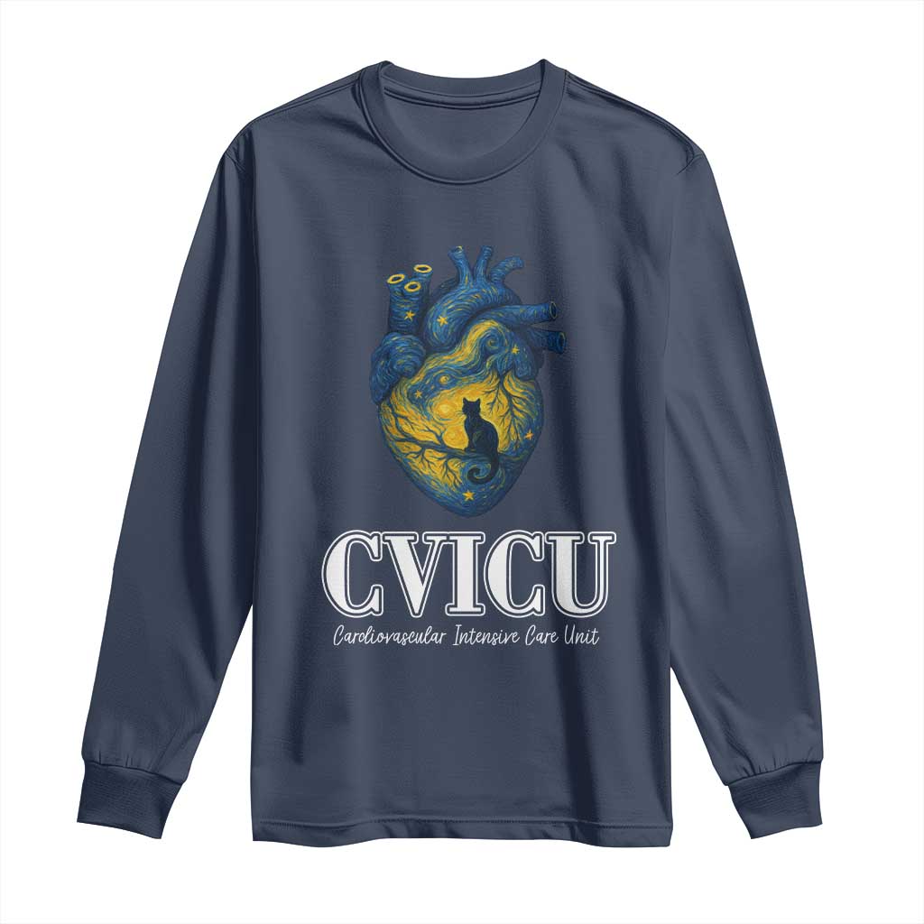 CVICU Nurse Cat Starry Night Long Sleeve Shirt Cardiovascular Intensive Care Unit TS14 Navy Print Your Wear
