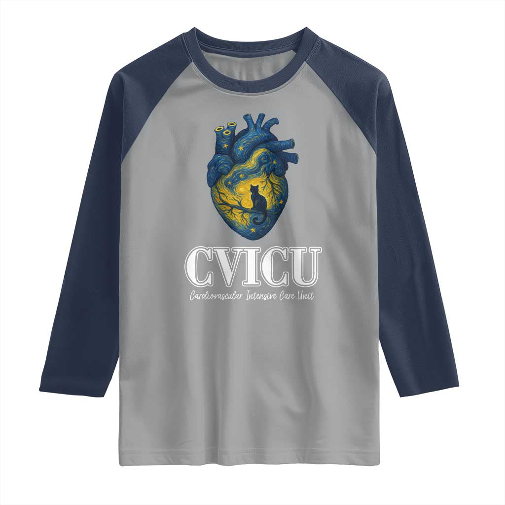 CVICU Nurse Cat Starry Night Raglan Shirt Cardiovascular Intensive Care Unit TS14 Sport Gray Navy Print Your Wear