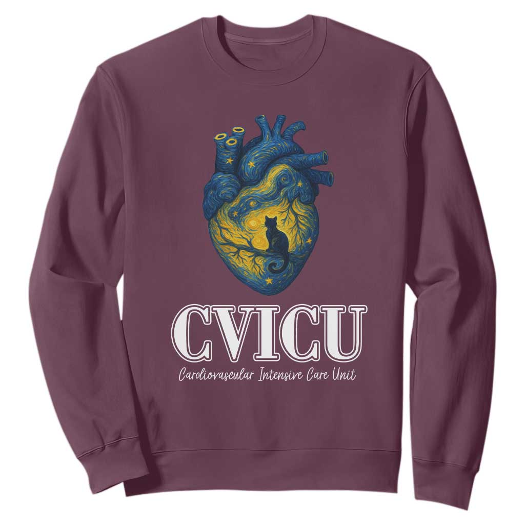 CVICU Nurse Cat Starry Night Sweatshirt Cardiovascular Intensive Care Unit TS14 Maroon Print Your Wear