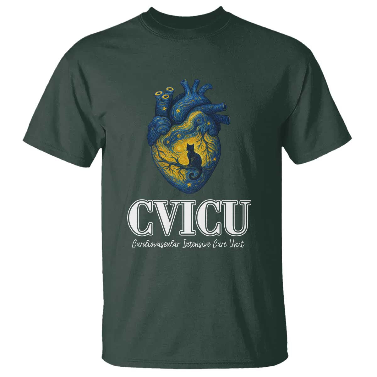 CVICU Nurse Cat Starry Night T Shirt Cardiovascular Intensive Care Unit TS14 Dark Forest Green Print Your Wear