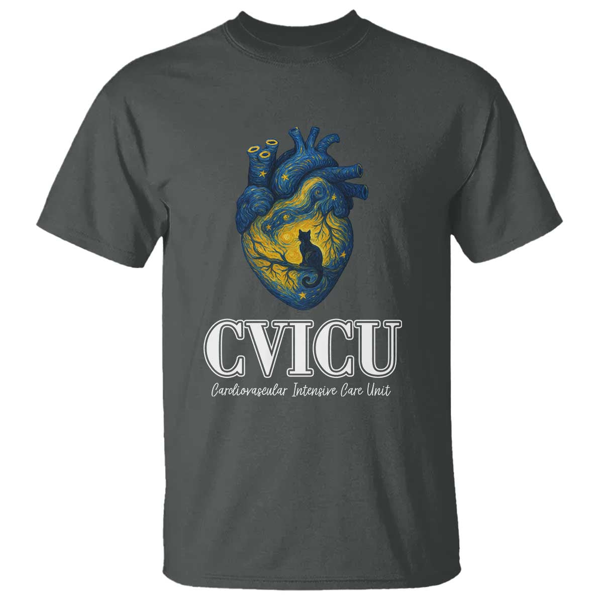 CVICU Nurse Cat Starry Night T Shirt Cardiovascular Intensive Care Unit TS14 Dark Heather Print Your Wear