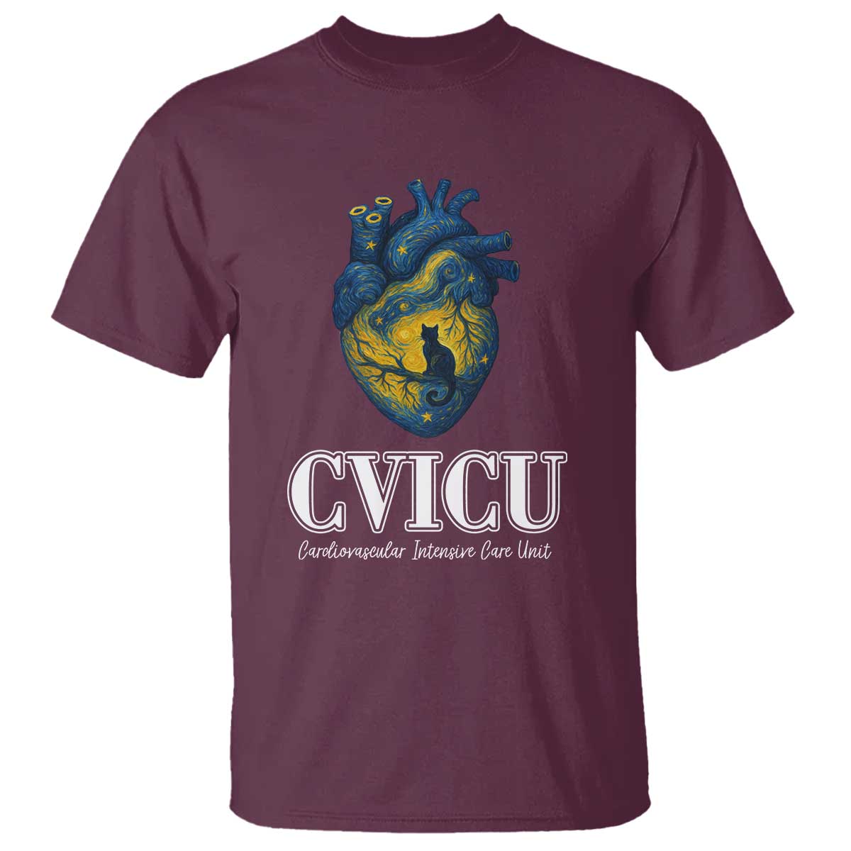 CVICU Nurse Cat Starry Night T Shirt Cardiovascular Intensive Care Unit TS14 Maroon Print Your Wear