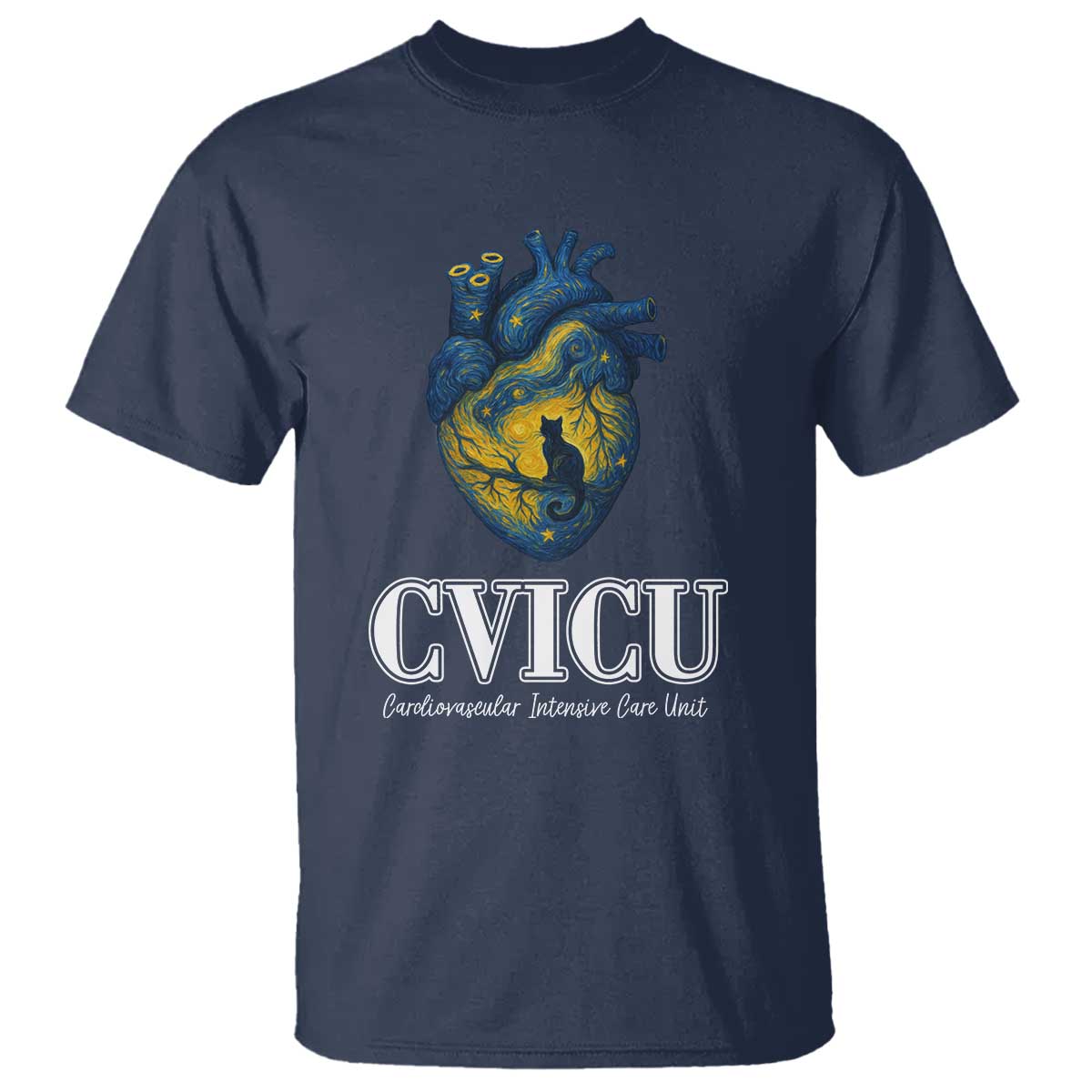 CVICU Nurse Cat Starry Night T Shirt Cardiovascular Intensive Care Unit TS14 Navy Print Your Wear