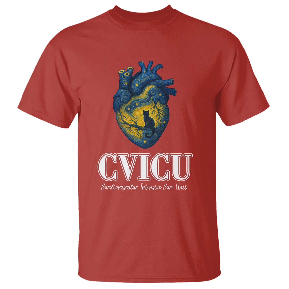 CVICU Nurse Cat Starry Night T Shirt Cardiovascular Intensive Care Unit TS14 Red Print Your Wear