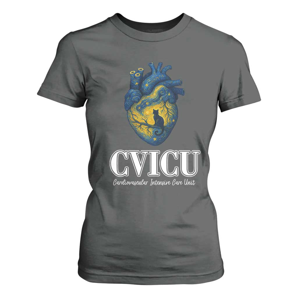 CVICU Nurse Cat Starry Night T Shirt For Women Cardiovascular Intensive Care Unit TS14 Dark Heather Print Your Wear