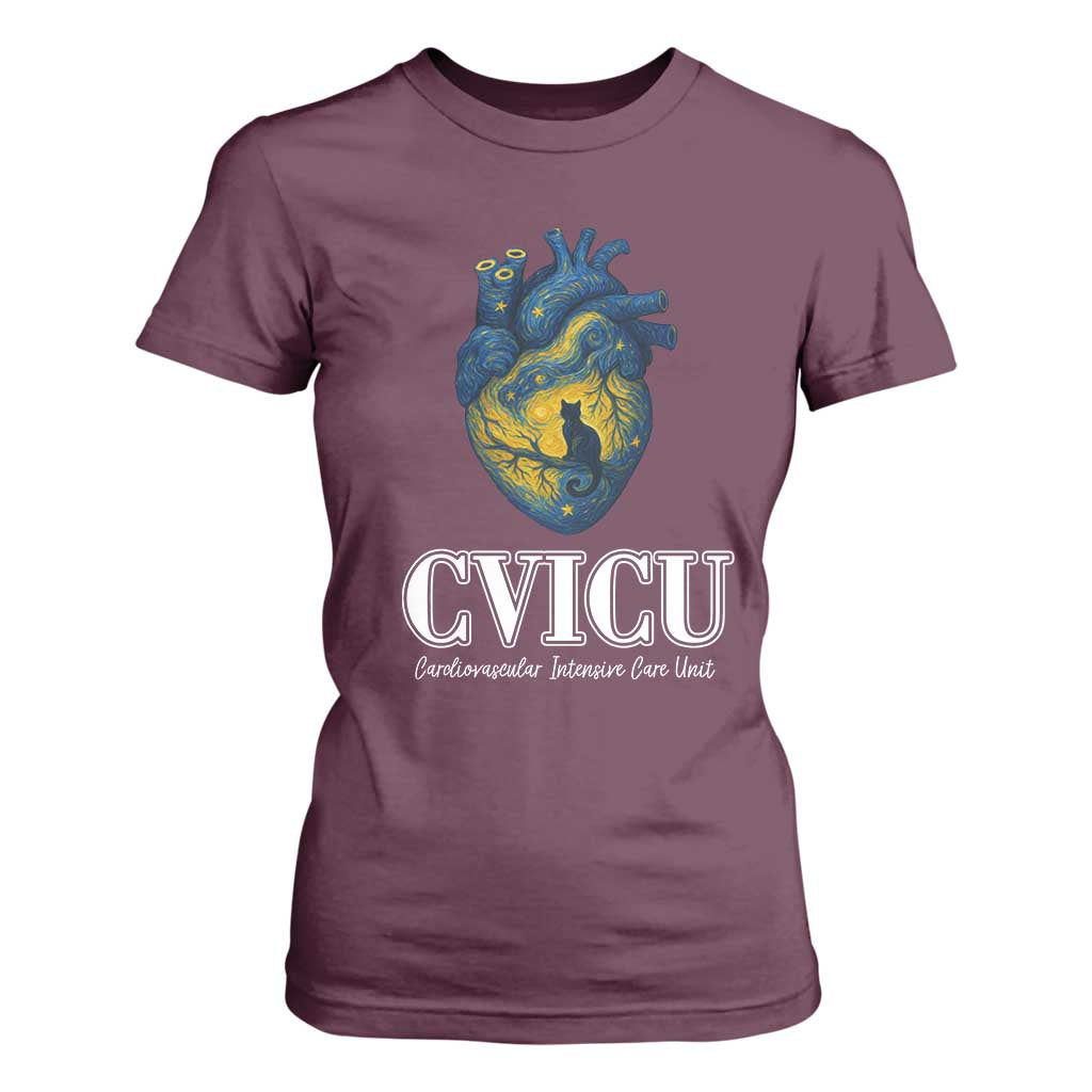 CVICU Nurse Cat Starry Night T Shirt For Women Cardiovascular Intensive Care Unit TS14 Maroon Print Your Wear