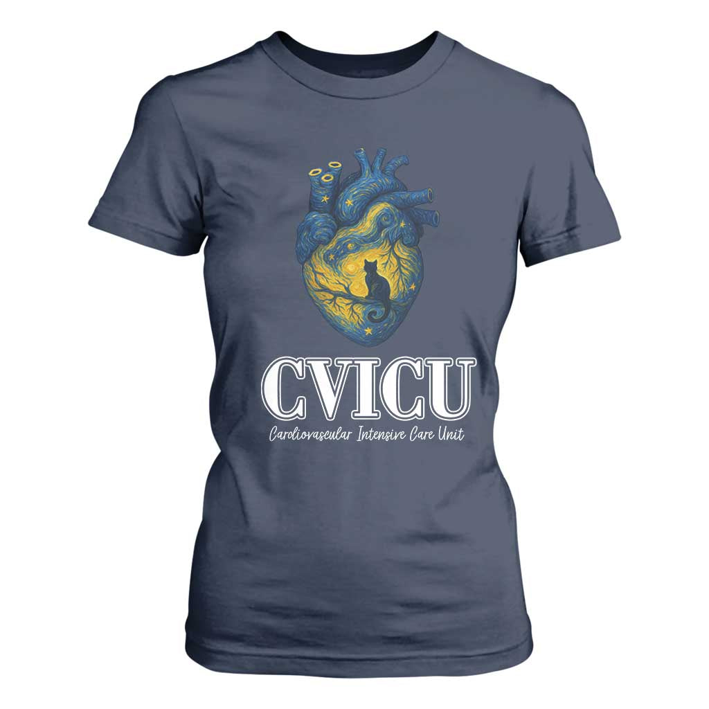 CVICU Nurse Cat Starry Night T Shirt For Women Cardiovascular Intensive Care Unit TS14 Navy Print Your Wear
