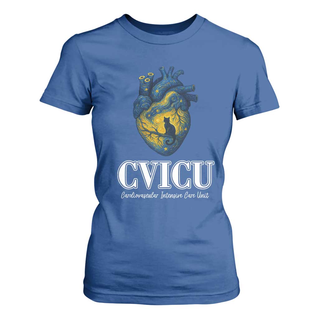 CVICU Nurse Cat Starry Night T Shirt For Women Cardiovascular Intensive Care Unit TS14 Royal Blue Print Your Wear