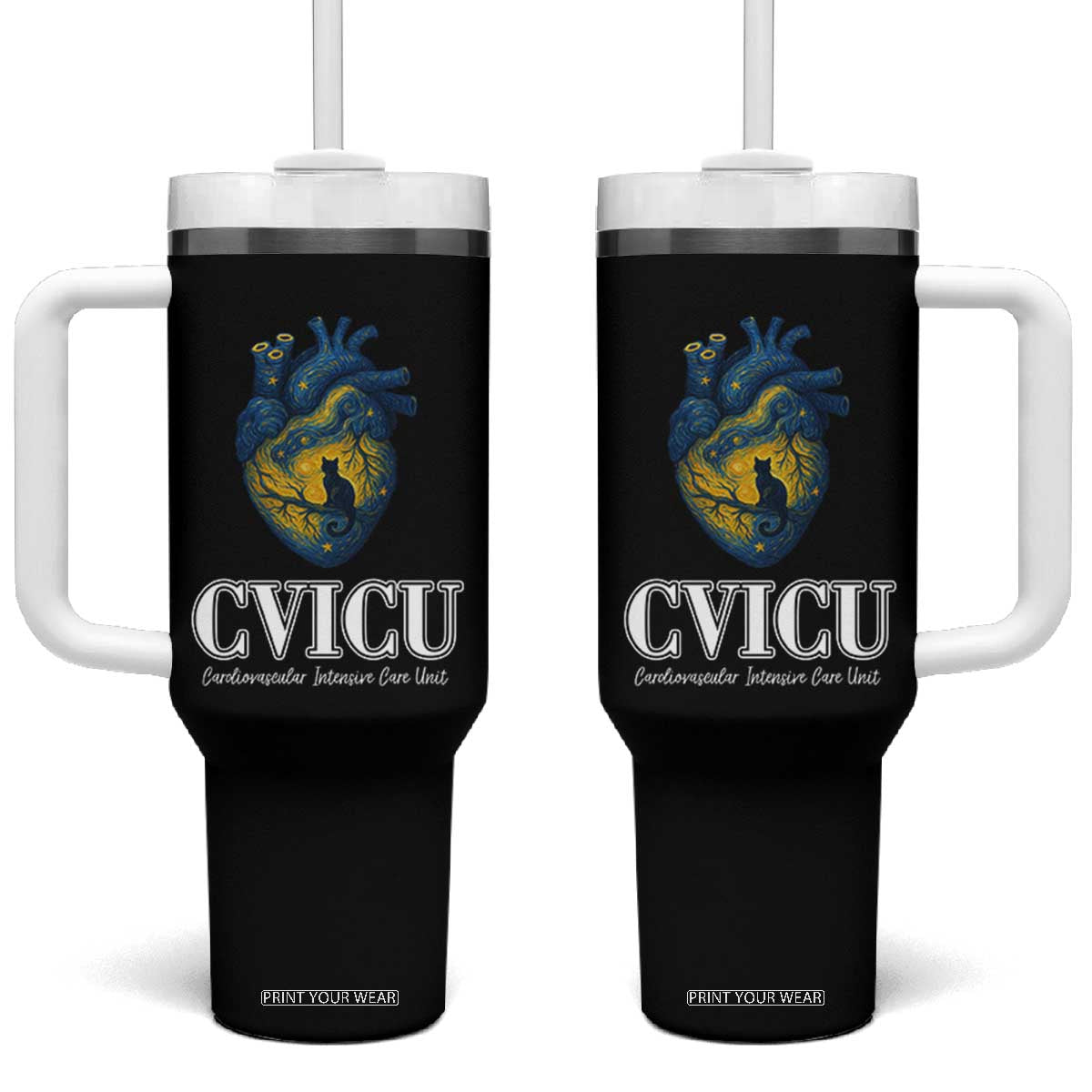 CVICU Nurse Cat Starry Night Tumbler With Handle Cardiovascular Intensive Care Unit TS14 One Size: 40 oz Black Print Your Wear