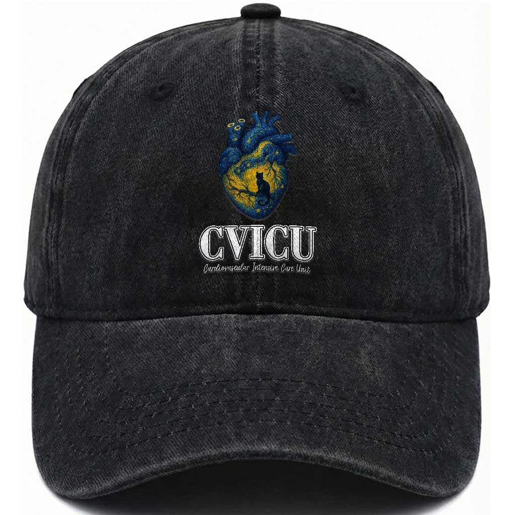 CVICU Nurse Cat Starry Night Washed Cotton Baseball Cap Cardiovascular Intensive Care Unit TS14 Washed Cap Universal Fit Black Print Your Wear