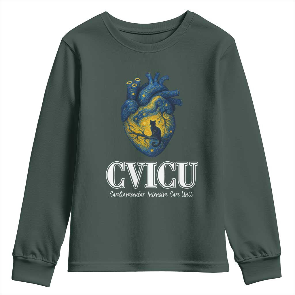 CVICU Nurse Cat Starry Night Youth Sweatshirt Cardiovascular Intensive Care Unit TS14 Dark Forest Green Print Your Wear