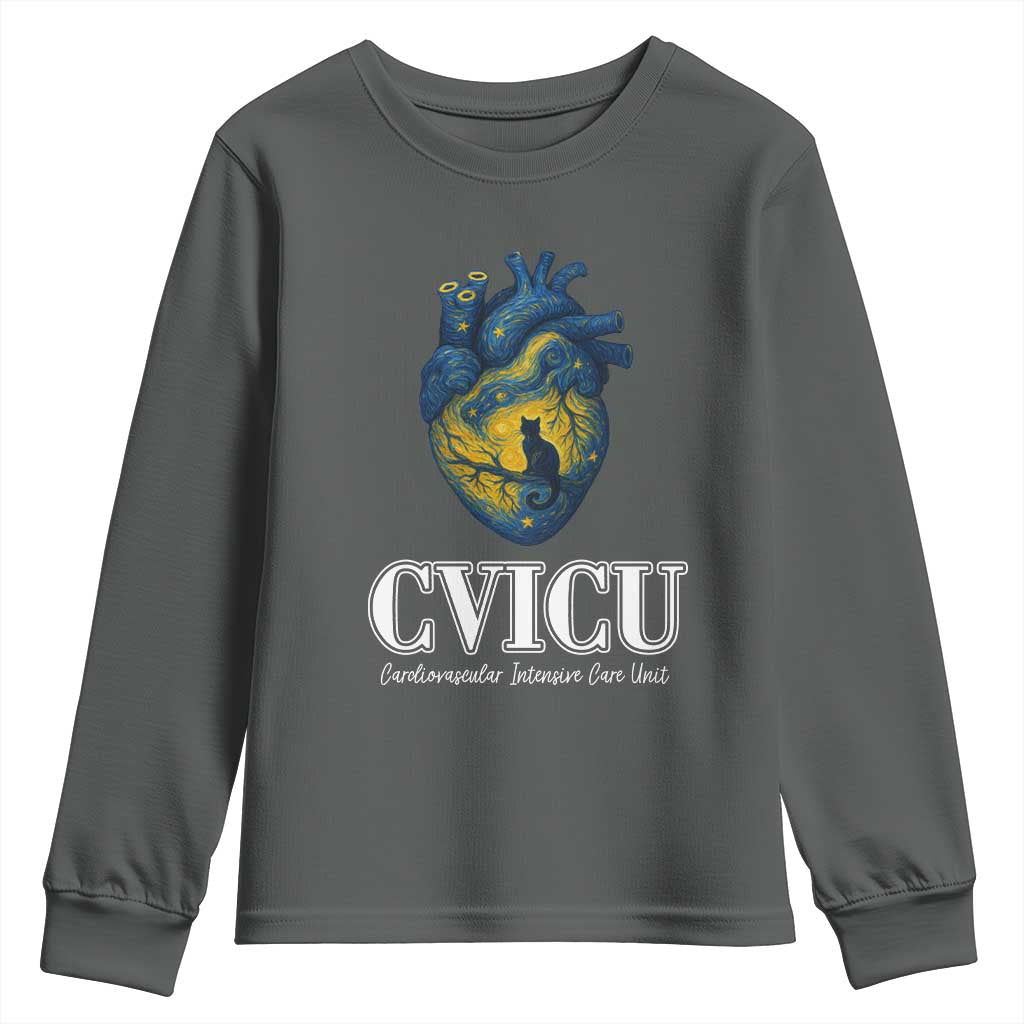 CVICU Nurse Cat Starry Night Youth Sweatshirt Cardiovascular Intensive Care Unit TS14 Dark Heather Print Your Wear