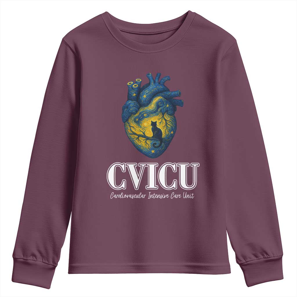 CVICU Nurse Cat Starry Night Youth Sweatshirt Cardiovascular Intensive Care Unit TS14 Maroon Print Your Wear