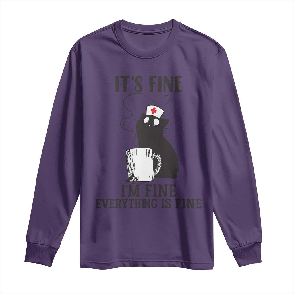 Funny Cat Nurse Long Sleeve Shirt It Is Fine I Am Fine Everything Is Fine TS14 Purple Print Your Wear