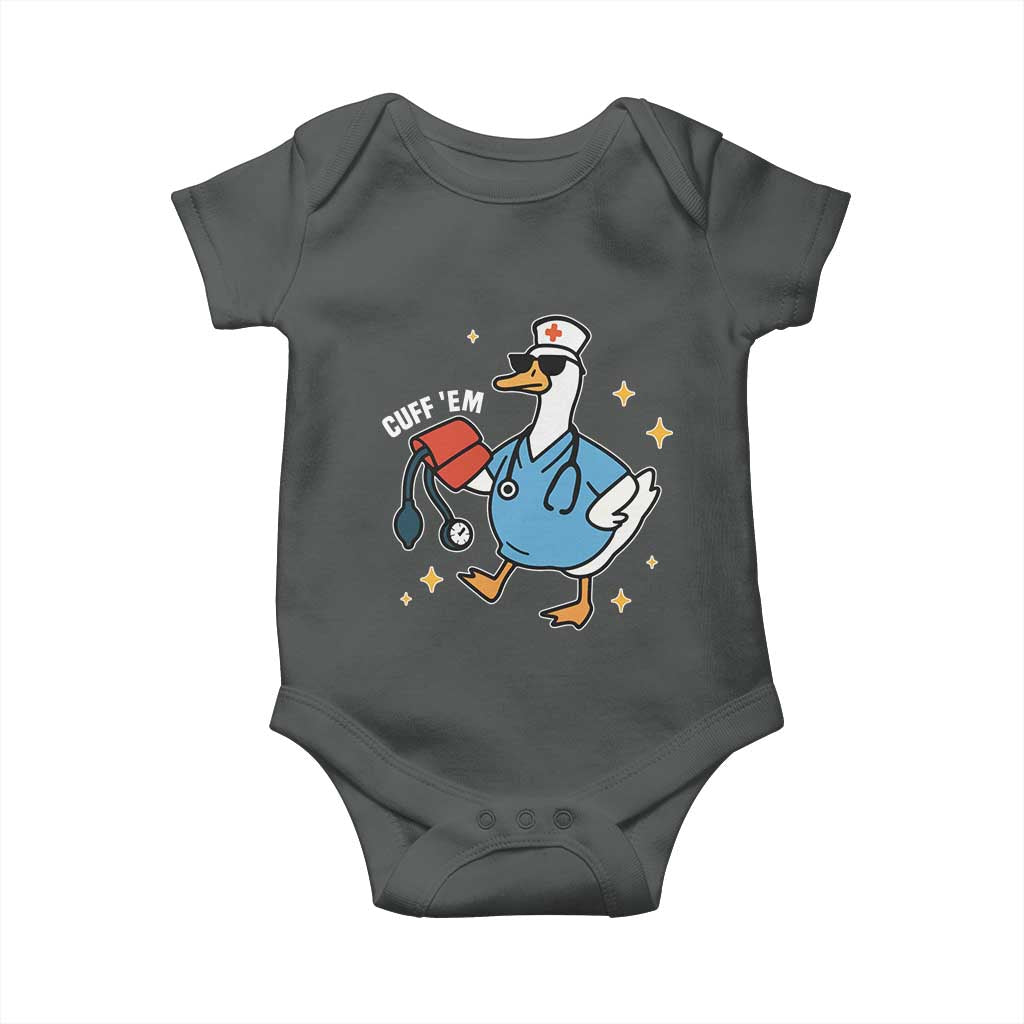 Cuff 'Em ER Nurse Baby Onesie Funny Silly Goose Meme TS14 Dark Heather Print Your Wear