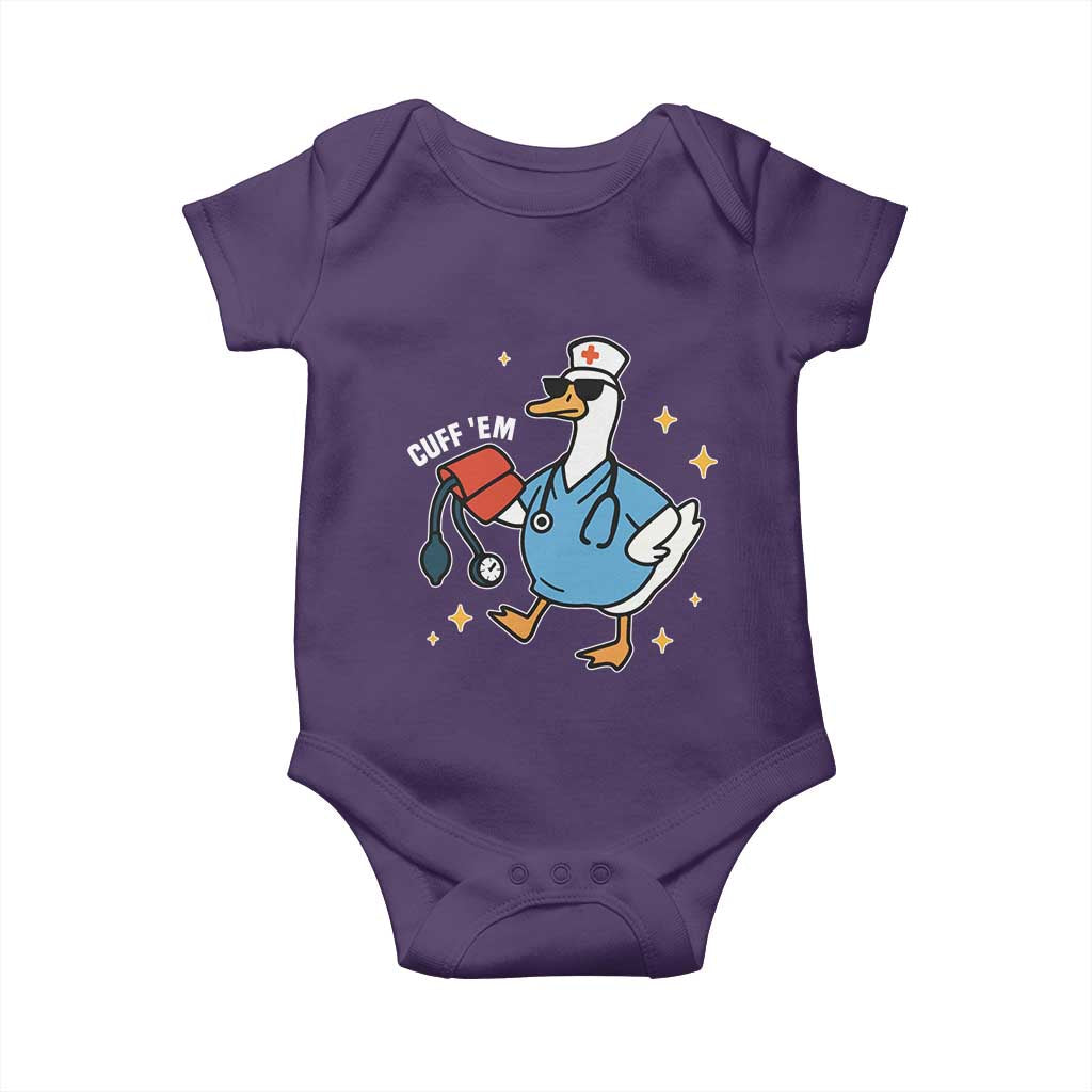 Cuff 'Em ER Nurse Baby Onesie Funny Silly Goose Meme TS14 Purple Print Your Wear