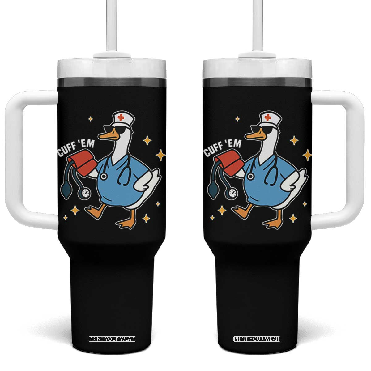 Cuff 'Em ER Nurse Tumbler With Handle Funny Silly Goose Meme TS14 One Size: 40 oz Black Print Your Wear