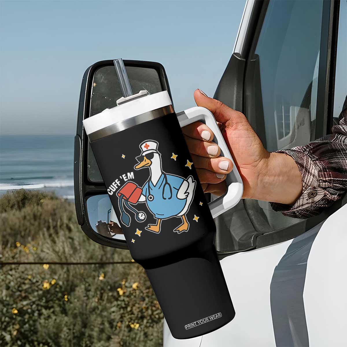 Cuff 'Em ER Nurse Tumbler With Handle Funny Silly Goose Meme TS14 Print Your Wear