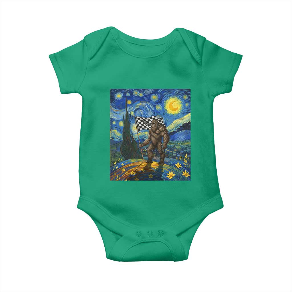 Bigfoot Racing Baby Onesie Sasquatch Checkered Flag Starry Night Van Gogh TS14 Irish Green Print Your Wear