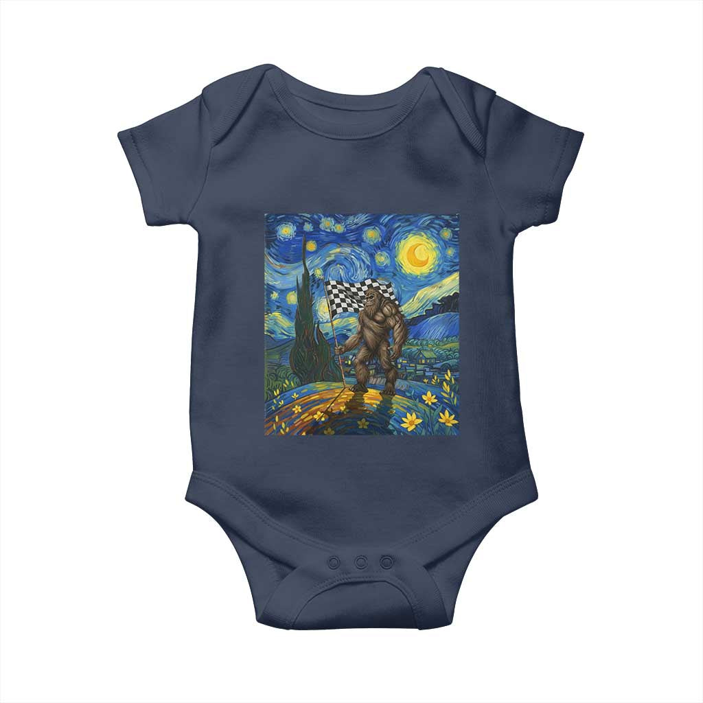 Bigfoot Racing Baby Onesie Sasquatch Checkered Flag Starry Night Van Gogh TS14 Navy Print Your Wear