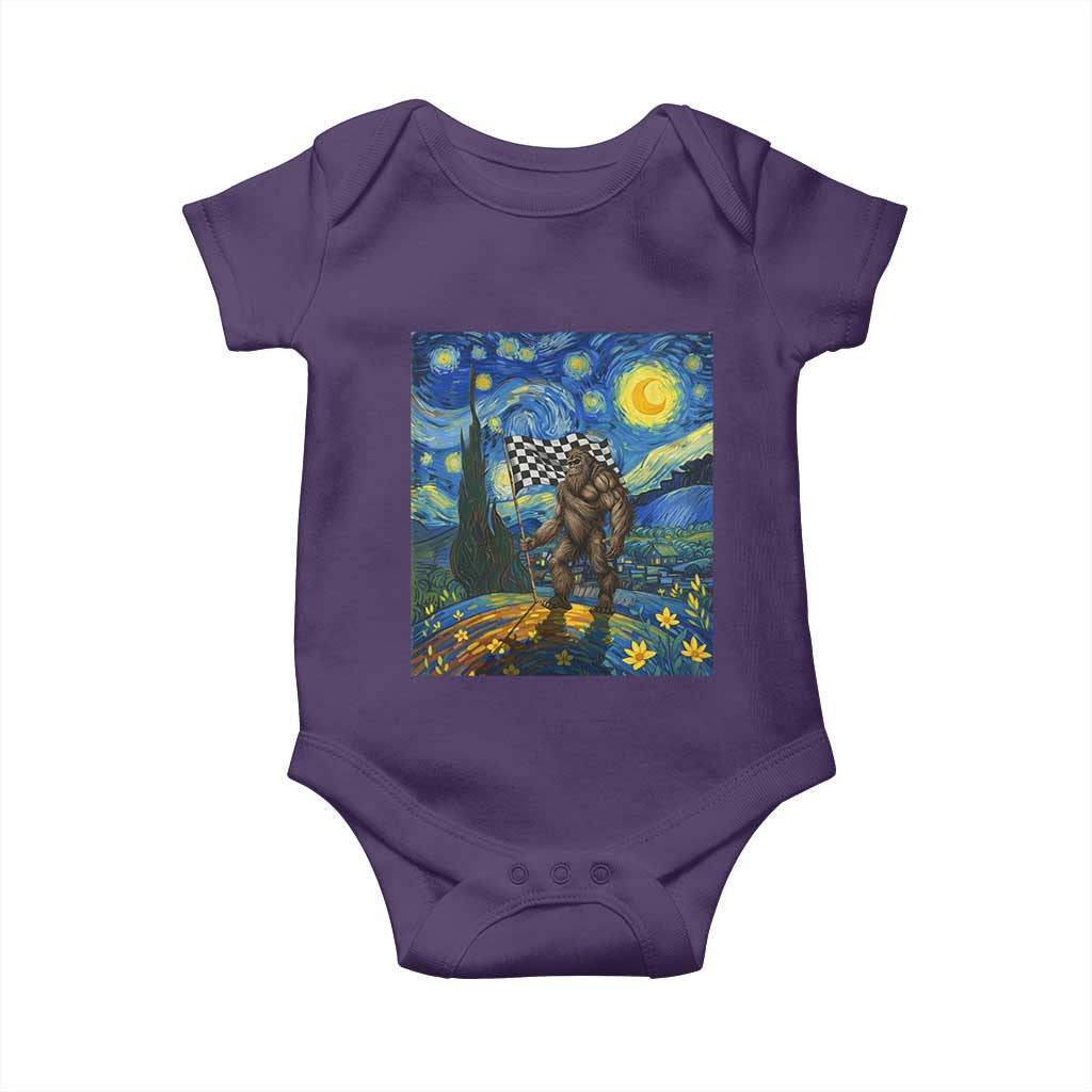 Bigfoot Racing Baby Onesie Sasquatch Checkered Flag Starry Night Van Gogh TS14 Purple Print Your Wear
