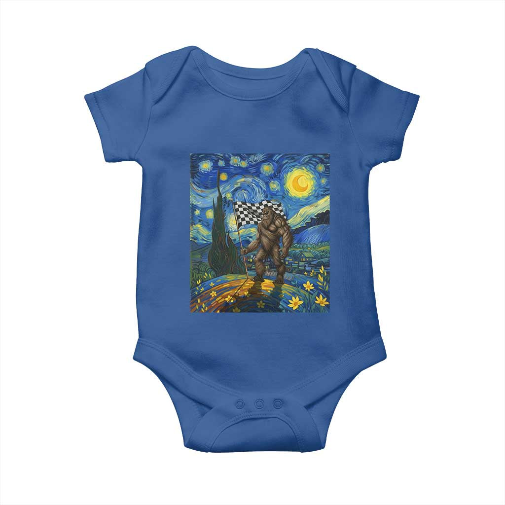 Bigfoot Racing Baby Onesie Sasquatch Checkered Flag Starry Night Van Gogh TS14 Royal Blue Print Your Wear