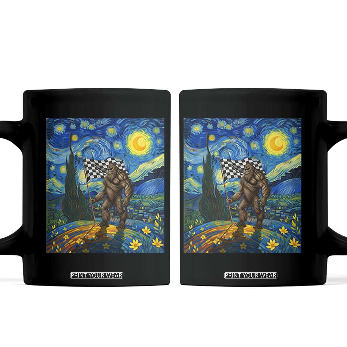 Bigfoot Racing Coffee Mug Sasquatch Checkered Flag Starry Night Van Gogh TS14 Black Print Your Wear