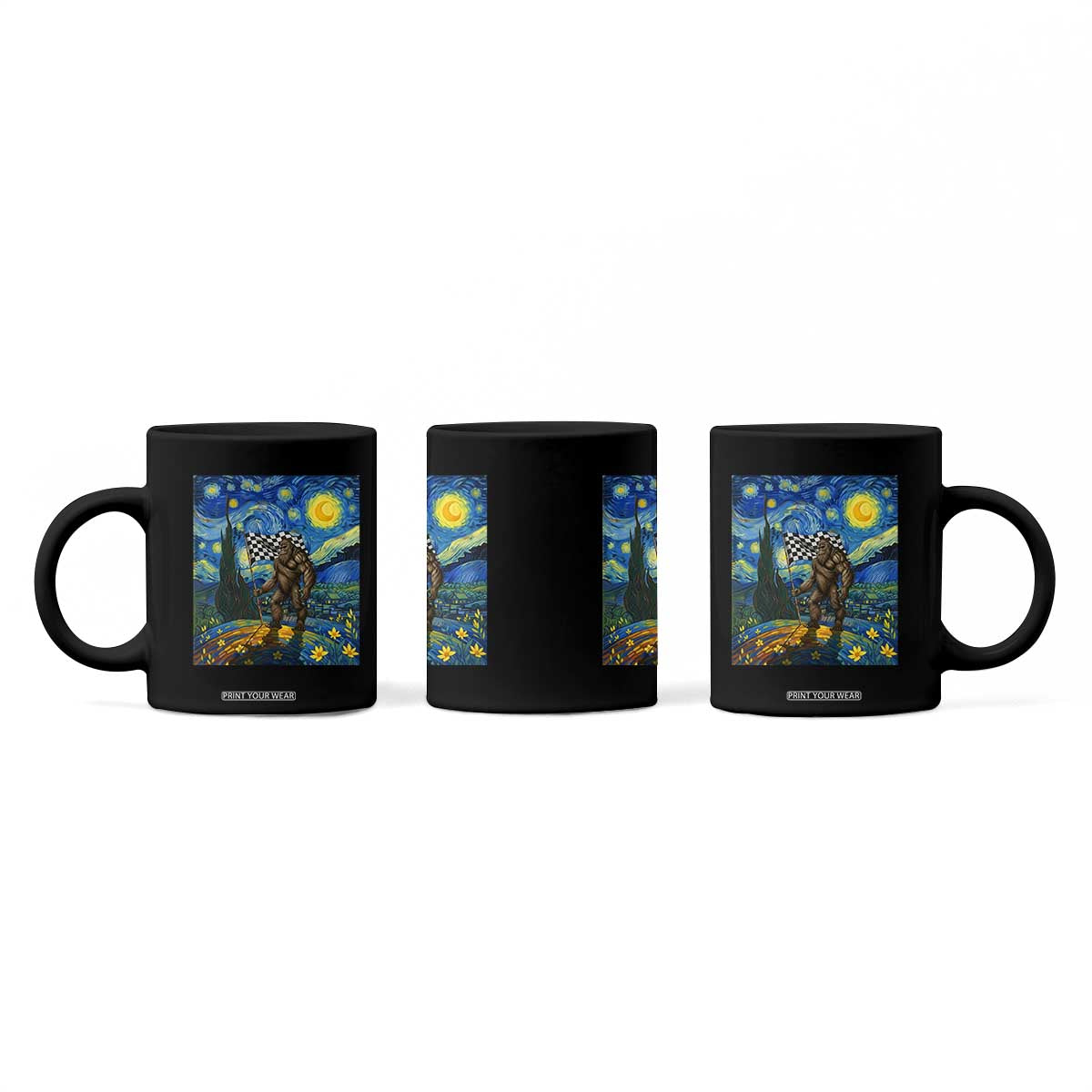 Bigfoot Racing Coffee Mug Sasquatch Checkered Flag Starry Night Van Gogh TS14 Print Your Wear