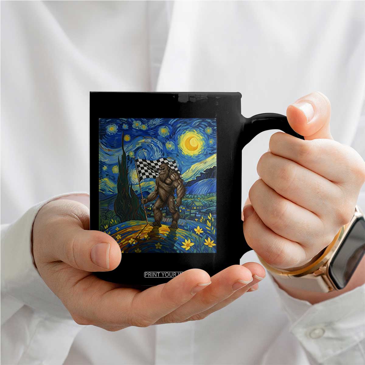 Bigfoot Racing Coffee Mug Sasquatch Checkered Flag Starry Night Van Gogh TS14 Print Your Wear