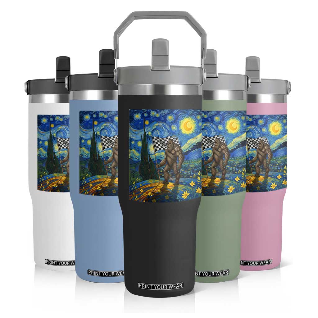 Bigfoot Racing Flip Straw Tumbler Sasquatch Checkered Flag Starry Night Van Gogh TS14 Print Your Wear