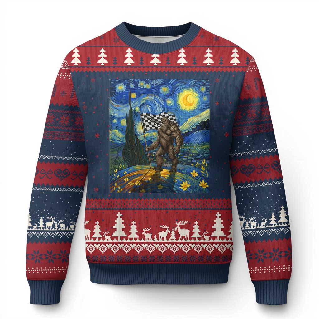 Bigfoot Racing Ugly Christmas Sweater Sasquatch Checkered Flag Starry Night Van Gogh TS14 Navy Red Print Your Wear