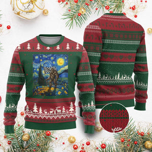 Bigfoot Racing Ugly Christmas Sweater Sasquatch Checkered Flag Starry Night Van Gogh TS14 Red Green Print Your Wear