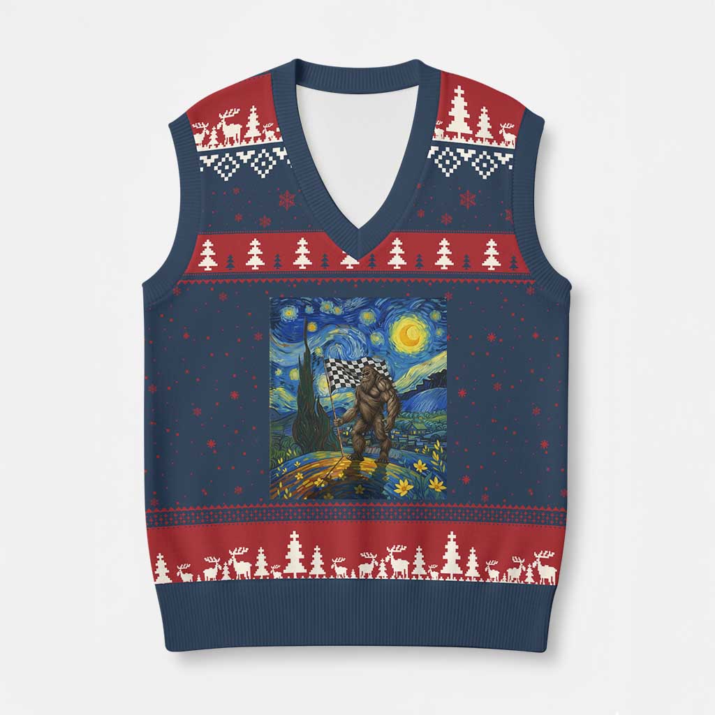 Bigfoot Racing V-Neck Knit Sweater Vest Sasquatch Checkered Flag Starry Night Van Gogh TS14 Navy Red Print Your Wear