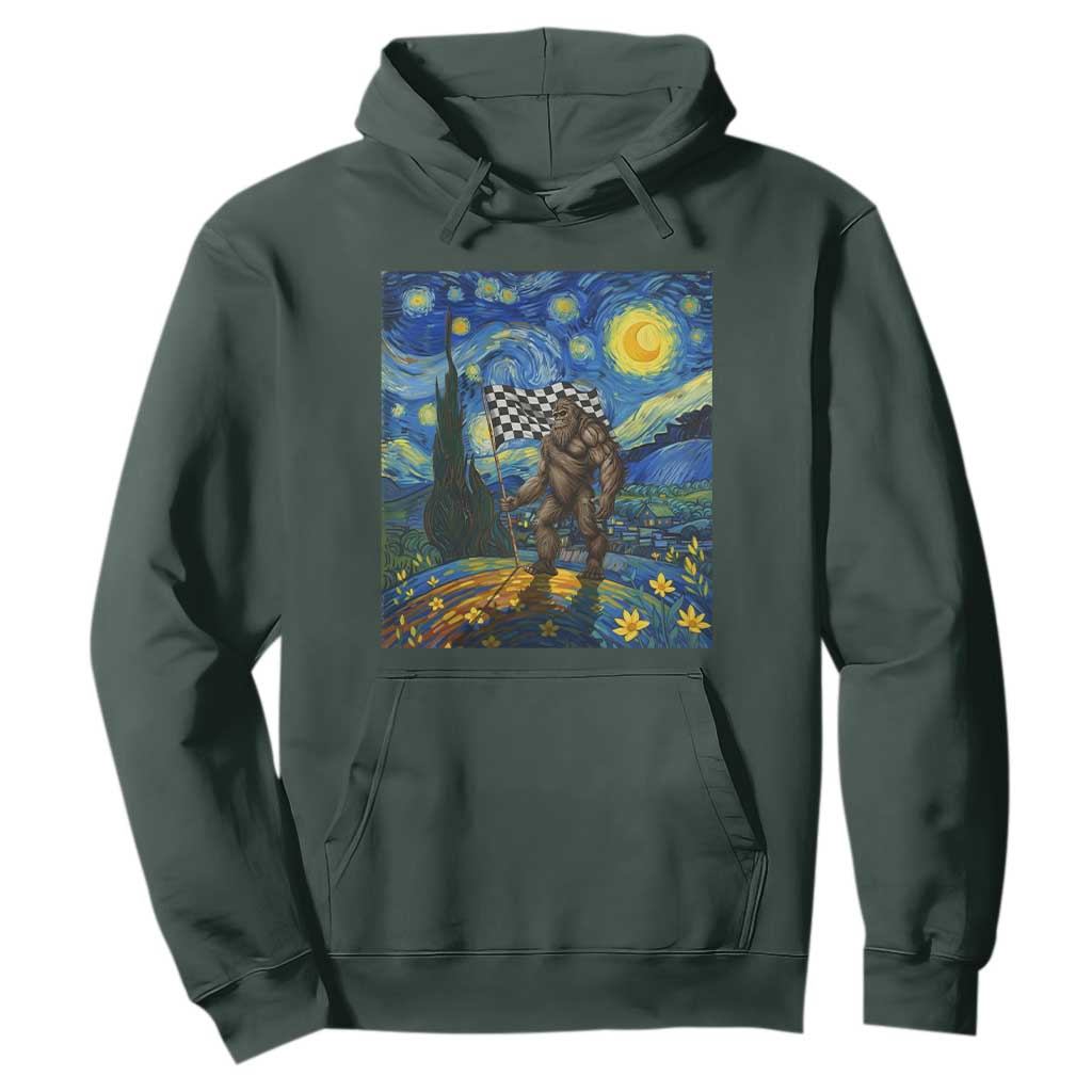 Bigfoot Racing Hoodie Sasquatch Checkered Flag Starry Night Van Gogh TS14 Dark Forest Green Print Your Wear