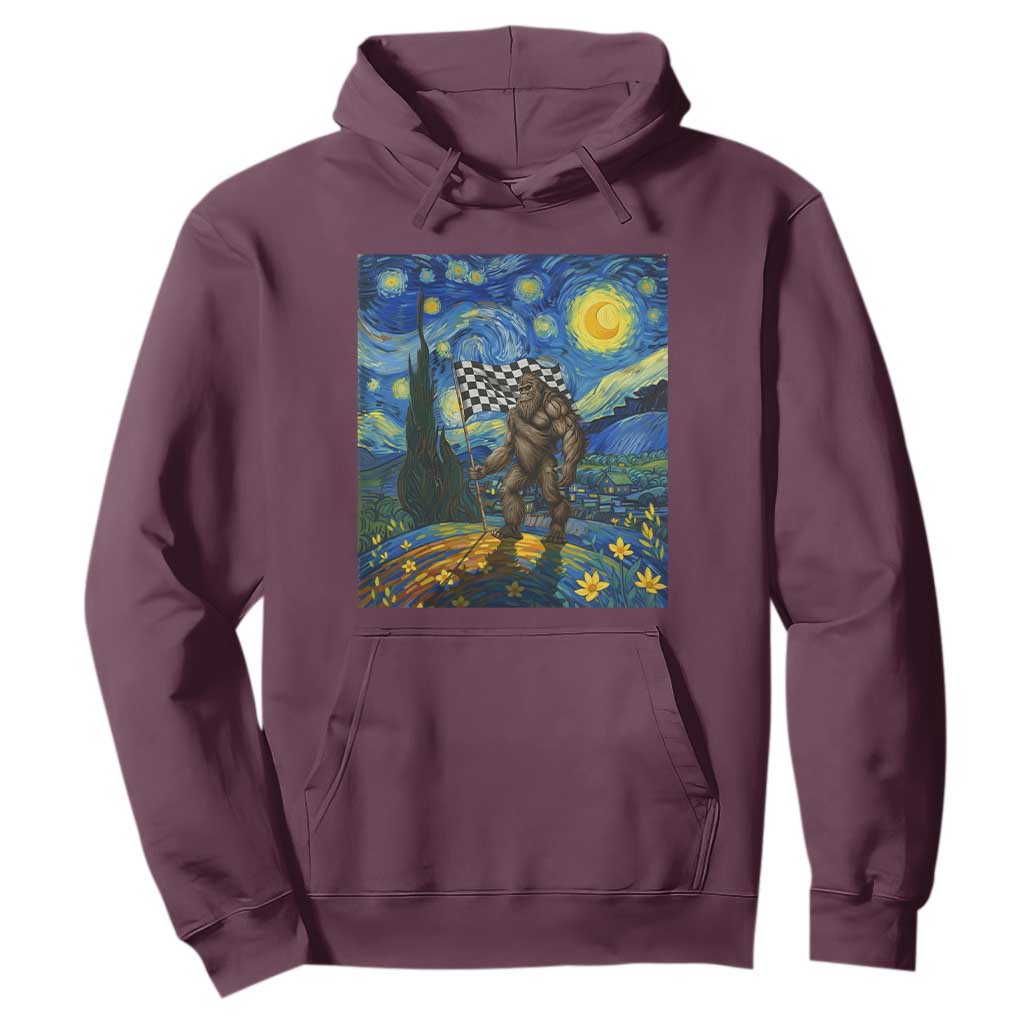 Bigfoot Racing Hoodie Sasquatch Checkered Flag Starry Night Van Gogh TS14 Maroon Print Your Wear