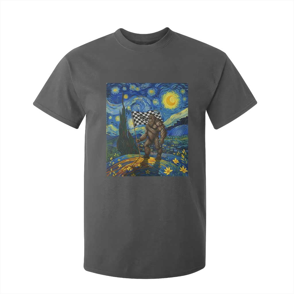 Bigfoot Racing T Shirt For Kid Sasquatch Checkered Flag Starry Night Van Gogh TS14 Dark Heather Print Your Wear