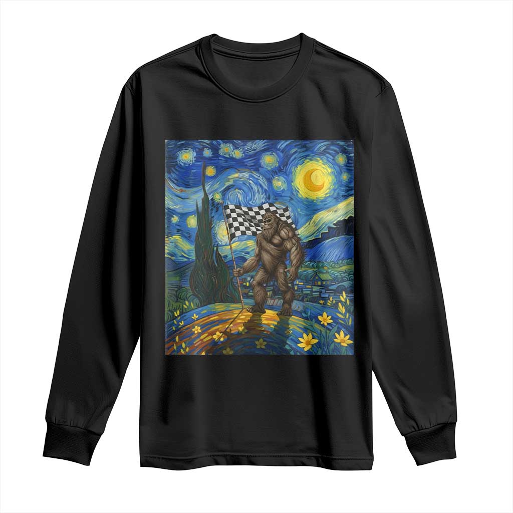 Bigfoot Racing Long Sleeve Shirt Sasquatch Checkered Flag Starry Night Van Gogh TS14 Black Print Your Wear