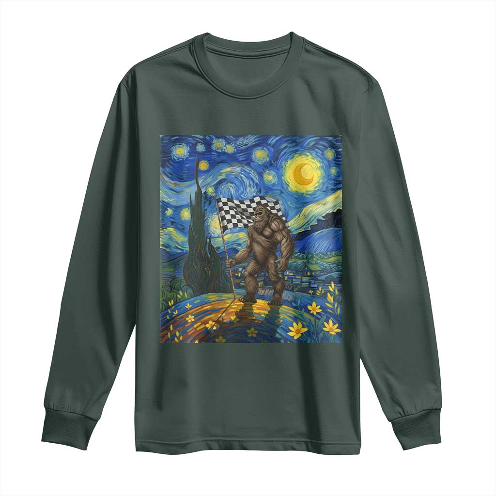 Bigfoot Racing Long Sleeve Shirt Sasquatch Checkered Flag Starry Night Van Gogh TS14 Dark Forest Green Print Your Wear