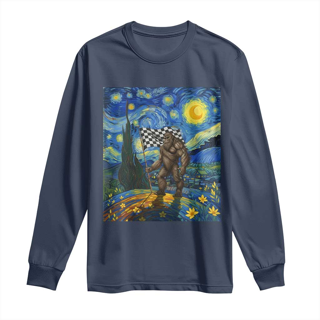 Bigfoot Racing Long Sleeve Shirt Sasquatch Checkered Flag Starry Night Van Gogh TS14 Navy Print Your Wear