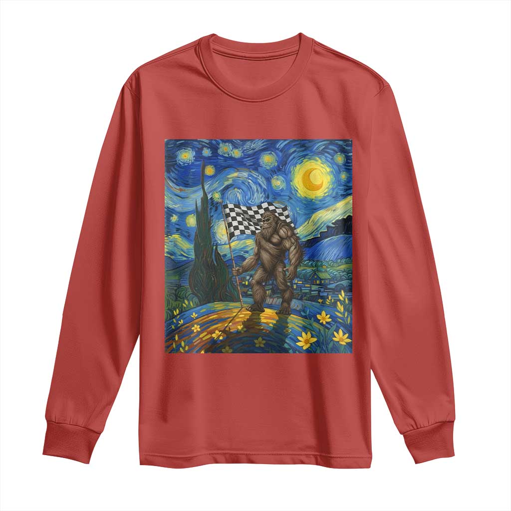 Bigfoot Racing Long Sleeve Shirt Sasquatch Checkered Flag Starry Night Van Gogh TS14 Red Print Your Wear