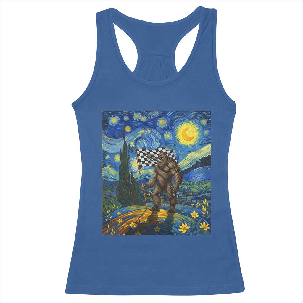 Bigfoot Racing Racerback Tank Top Sasquatch Checkered Flag Starry Night Van Gogh TS14 Royal Blue Print Your Wear