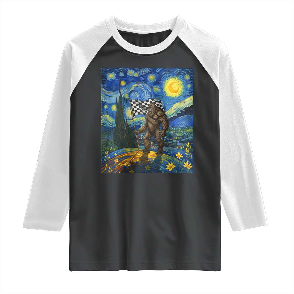 Bigfoot Racing Raglan Shirt Sasquatch Checkered Flag Starry Night Van Gogh TS14 Black White Print Your Wear