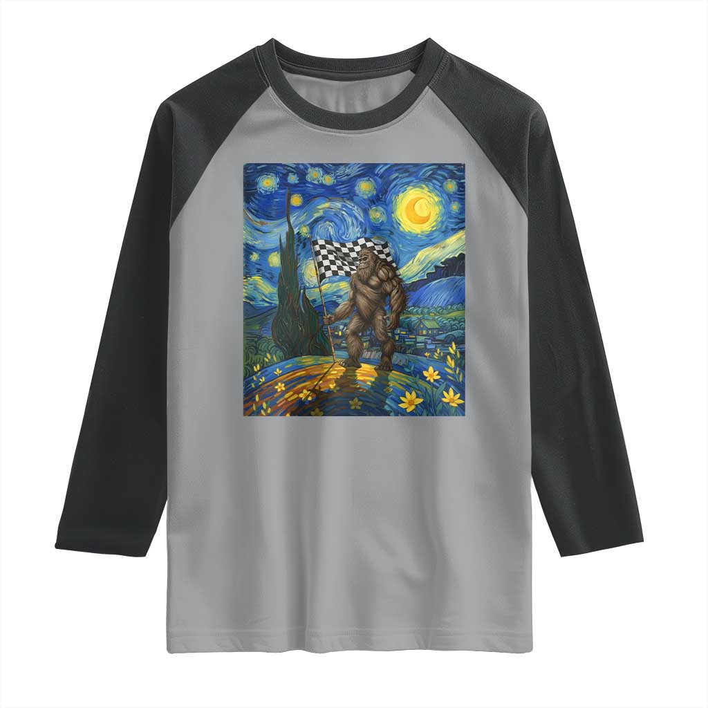 Bigfoot Racing Raglan Shirt Sasquatch Checkered Flag Starry Night Van Gogh TS14 Sport Gray Black Print Your Wear
