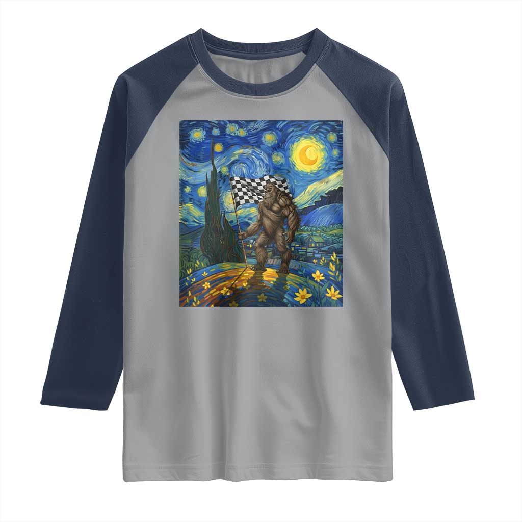 Bigfoot Racing Raglan Shirt Sasquatch Checkered Flag Starry Night Van Gogh TS14 Sport Gray Navy Print Your Wear